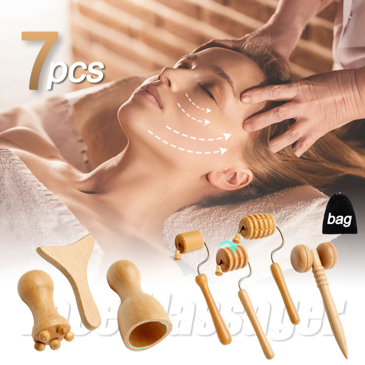 7Pcs/set Face Massagers Gua Sha Tools Wood Therapy Meridian Massage Kit Roller Facial Lifting Masajeador Maderoterapia Scraper Lateil