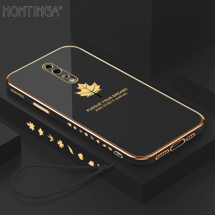 Hontinga for OPPO Reno Z Back Cover + Free Lanyard Luxury 6D Plating Shiny Maple leaf Phone Case Soft Silicone Square Mobile Cover