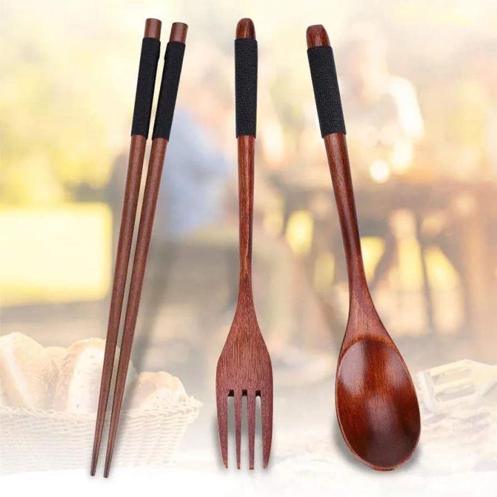 Nemeae Wooden Set, Wooden Portable Set Chopsticks Spoon Fork Dinnerware with Black Twining Thread