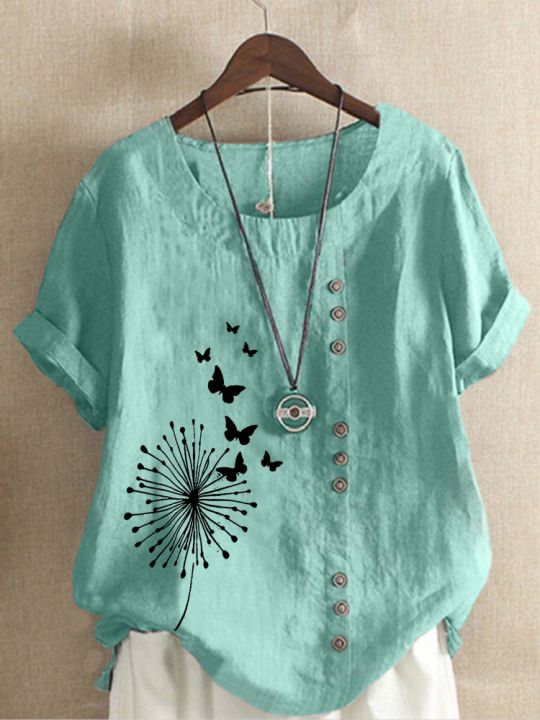 Women%20's%20Summer%20Dandelion%20Butterfly%20Printed%20Short%20Sleeve%20Round%20Neck%20T-shirt%20Ladies%20Casual%20Linen%20Shirts%20Plus%20Size%20%20Tops%20-%20Image%204