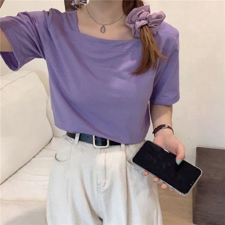 Genaisha%20New%20Style%20Ladies%20Short-Sleeve%20Top%20Trend%20Korean%20Version%20Solid%20Color%20Girl%20Square%20Neck%20T-Shirt%20-%20Image%206