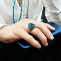 （New）Retro Handmade Turkih ignet Women Ancient Color Carved Ring Inlaid Blue Zircon Party Motor Biker Ring. 