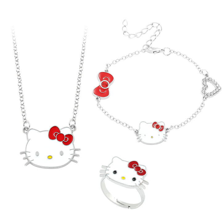Three Piece Sanrio Hello Kitty Ladies Bracelet Cute Cartoon Cat Non Fading Alloy Necklace Ring Girl Jewelry Set Holiday Gifts