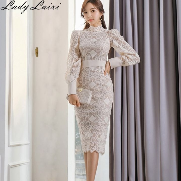 Autumn Elegant Slim Bodycon Lace Dress Women stand neck Long Sleeve Work Casual  Party Dresses New OL Pencil Vestidos | Daraz.com.bd