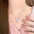 New Fashion Y2K Pink Crystal Bow Knot Pendant Necklaces Sparkling Zircon Heart Girls Fairy Sweet Clavicle Chain Women Jewelry.