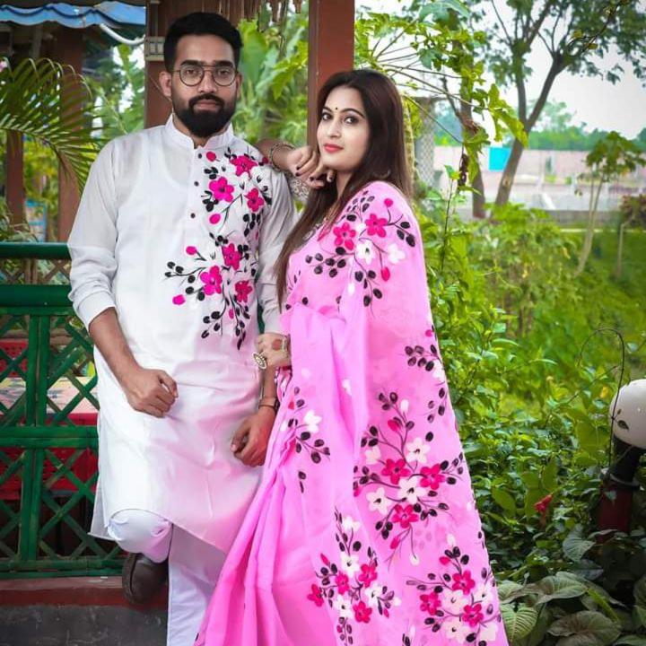 New Designer Half Silk Hand Print Saree And Dhupian Panjabi For Combo Couple for Men and Women