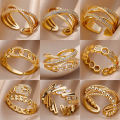 Fashion Gold Color Stainless Steel Rings For Women Chain Hollow Out Crystal Zircon Finger Ring Jewelry 2023 Gift anillos mujer.