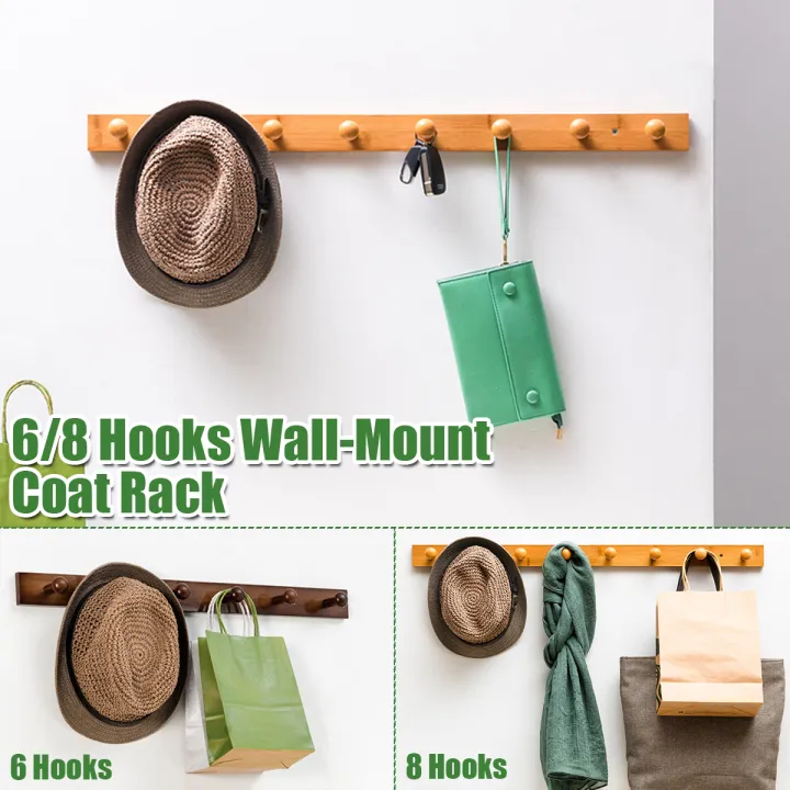 6 Hooks / Kitchen 8 Hooks Wall Mounted Home Bamboo Coat Hook Rack Space ...