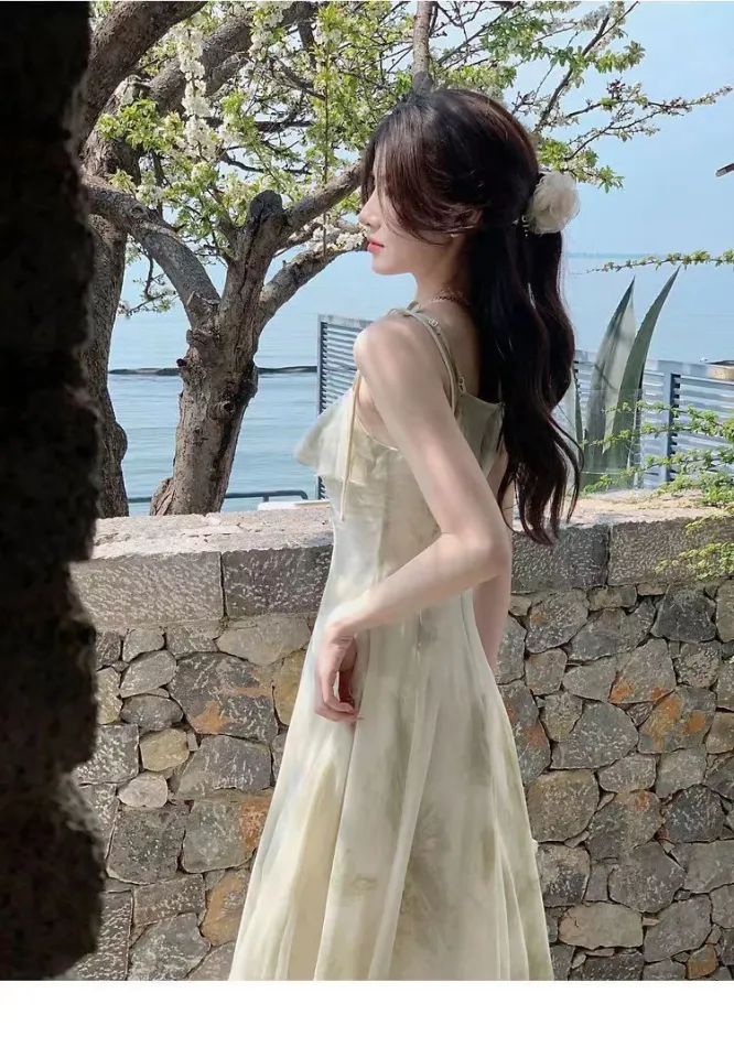 2024 Korean summer new camisole long dress with fairy ruffle