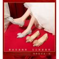 Women's Wedding Shoes with Thick Heels2023Year New Bridal Shoes Not Tired Feet Pregnant Women Crystal High Heels Xiuhe Two-Way Wear. 
