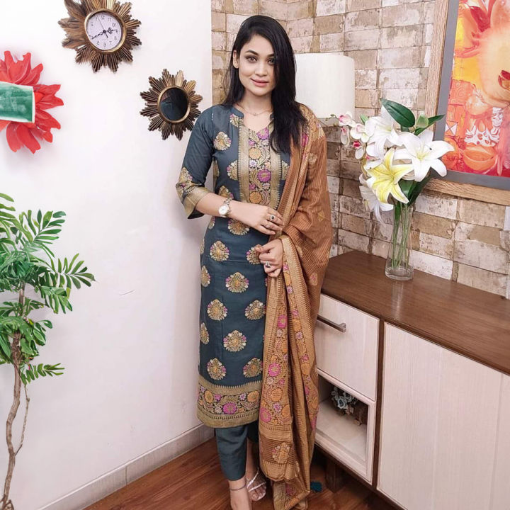Unstitched Pure Cotton Kapore Afsan & Screen Print Three-Piece Dress for Women - Comfortable and Suitable for All Seasons
