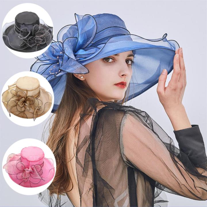 Women Foldable Organza Church Derby Hat Ruffles Wide Brim Summer Bridal Sun Hat