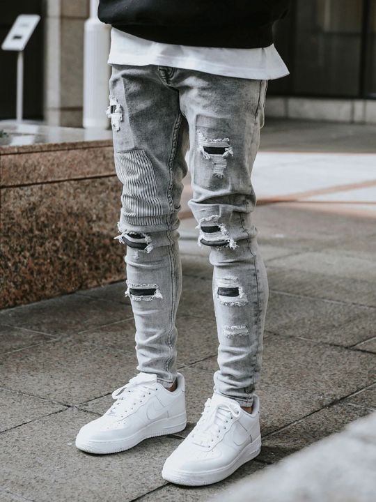 Mens Denim Ripped Jeans Men's Skinny Ripped Jeans Streetwear