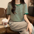 Korean Style Black Striped round Neck Contrast Color Short Sleeve T T-shirt Women's Spring and Autumn New Hong Kong Style Retro Easy Matching Bottoming Shirt Inner Wear.