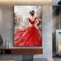 Original Hand-painted The Girl In A Red Dress Abstract Figure Art Oil Painting Wall Painting with Cotton Fabric for Living Room. 