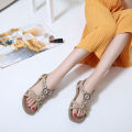 Bohemian Ethnic Style Rhinestone Flat Open Toe Sandals Female Summer New Flat Heel Flower Beach Women's Shoes Roman. 