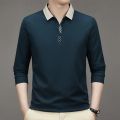 Men's Long Sleeve Turn-down Collar Waffle T-shirt Business Casual Contrast Line Polo Shirt. 