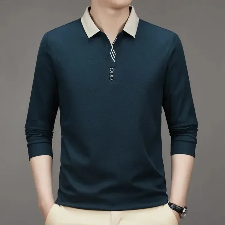 Men's%20Long%20Sleeve%20Turn-down%20Collar%20Waffle%20T-shirt%20Business%20Casual%20Contrast%20Line%20Polo%20Shirt%20-%20Image%207