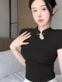Black Shoulder Short Sleeve T Women's Summer T-shirt 2023 New Design Sense Niche Improved Cheongsam Chinese Style Traditional Top. 