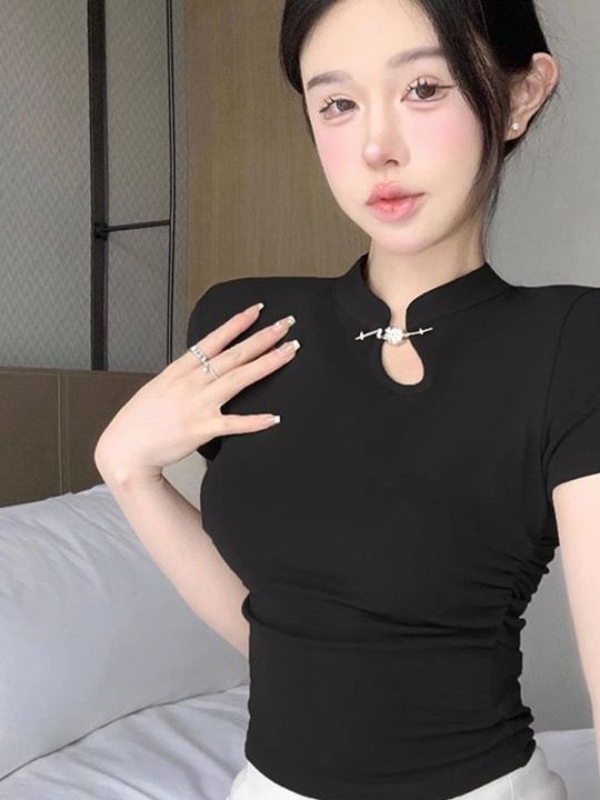 Black%20Shoulder%20Short%20Sleeve%20T%20Women's%20Summer%20T-shirt%202023%20New%20Design%20Sense%20Niche%20Improved%20Cheongsam%20Chinese%20Style%20Traditional%20Top%20-%20Image%204