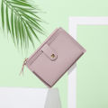 Women PU leather short pocket buckle zipper wallet Korean mini plain color flap trend purse multi-card high capacity card holder. 