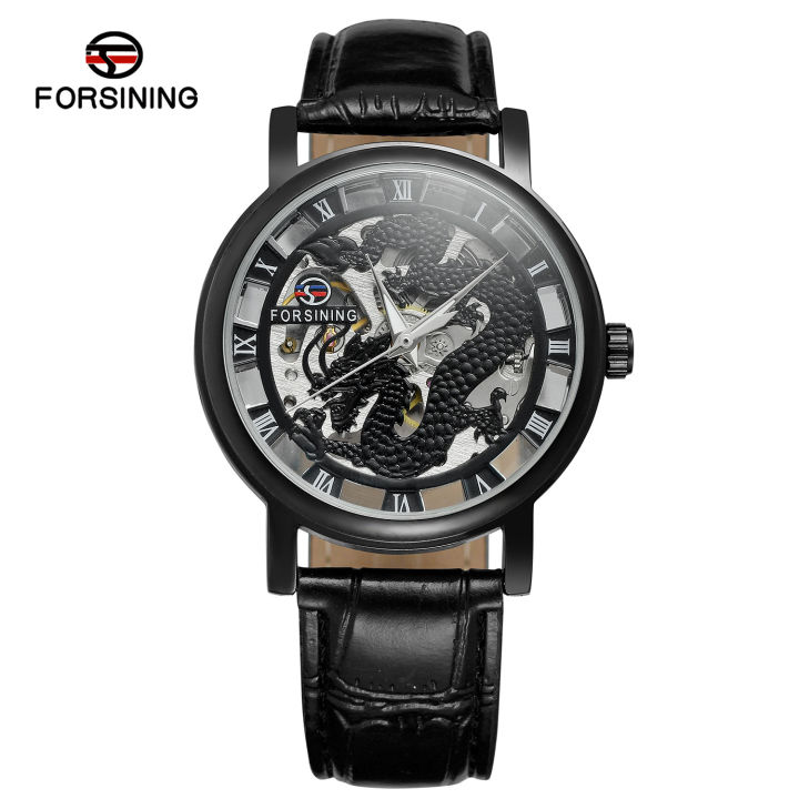 FORSINING Fousini Mechanical Watch Round Hollow Dragon Pattern Roman Numerals Mechanical Watch Belt Watch