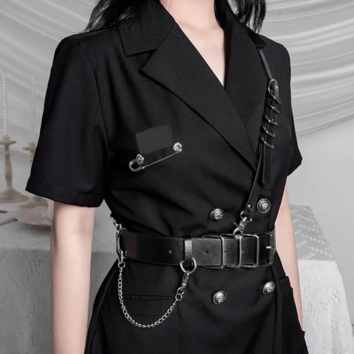 Fashion Luxury Female Belt Black Leather Harness Chain Belt Goth