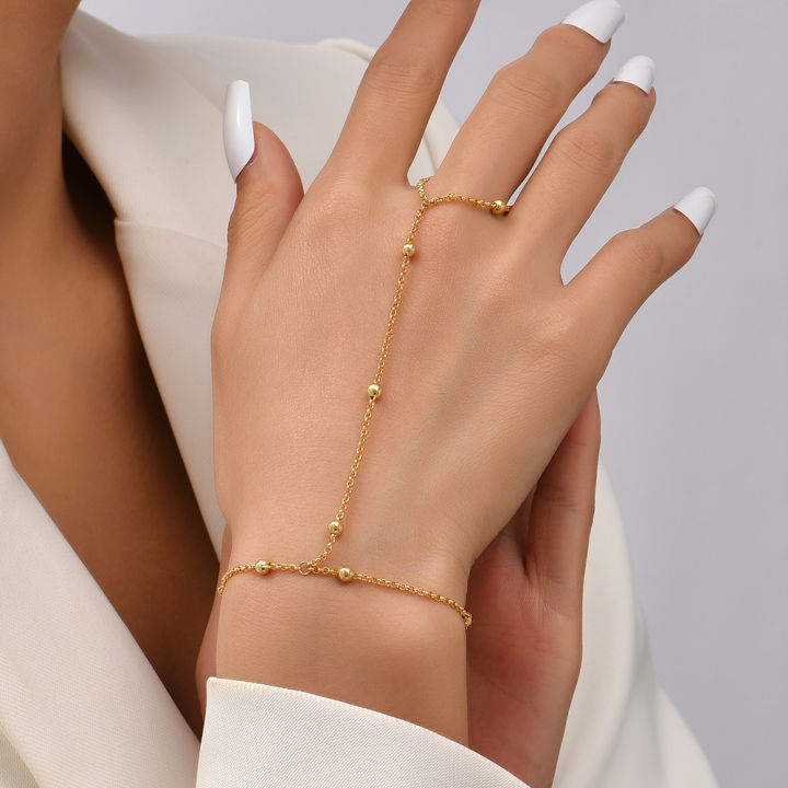 【Daily Necessities For Anyone Store】Minimalist Gold plated Bead Bracelet Linked Bracelet and Ring Connected Hand Harness Bracelets for Women Gifts
