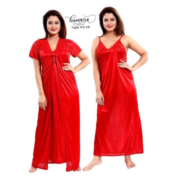 Two Part Satin Solid Women Nighty Set - Night Dress For Women - Night Dress For Women - Night Dress