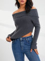 Women's Off Shoulder Sweater, Long Sleeve Solid Color Asymmetrical Hem Knit Tops. 