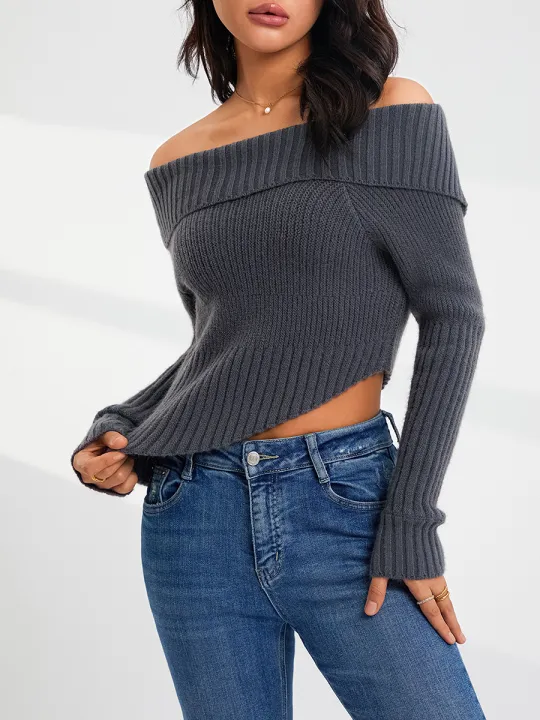 Women's%20Off%20Shoulder%20Sweater,%20Long%20Sleeve%20Solid%20Color%20Asymmetrical%20Hem%20Knit%20Tops%20-%20Image%208