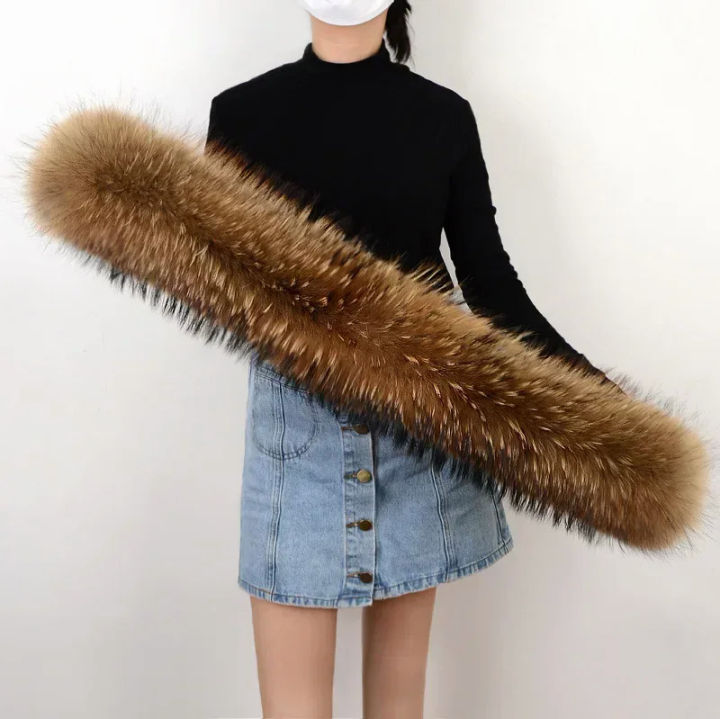 【Pioneer Gong】100% Real Raccoon Fur Collar Scarf Women Men Kids Fluffy 90*20cm Natural Fur Jackets Hood Trim Strips Clothes Accessories 45cm
