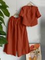 Women's Summer Vintage Short Sleeve Blouse Wide Leg Pants Sets Women 2PCS Solid Matching Sets Casual Loose Tracksuit Outfits.