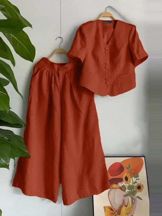 Women's Summer Vintage Short Sleeve Blouse Wide Leg Pants Sets Women 2PCS Solid Matching Sets Casual Loose Tracksuit Outfits