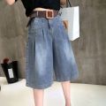 Summer Jean Shorts for Women High Waist Wide Leg Denim Short Pants with Pockets Female Blue Half Short Jeans.