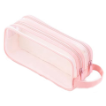 1 Piece Grid Mesh Pencil Case 2 Compartment Pen Bag Clear Pencil Pouch For Teen Student College Pink.