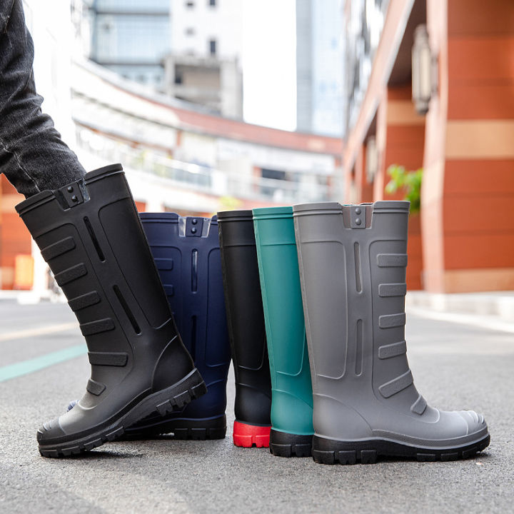 Fashion trend four seasons waterproof shoes men's wear high rain boots with fleece warm non-slip fishing rain boots professional shoes