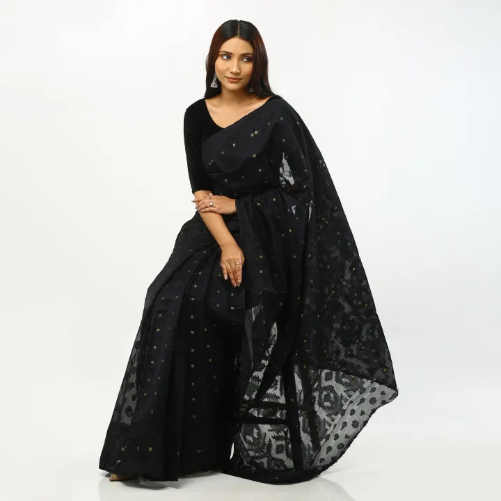Black%20half%20silk%20matching%20jamdani%20saree%20for%20women%20-%20Sari%20-%20Image%205