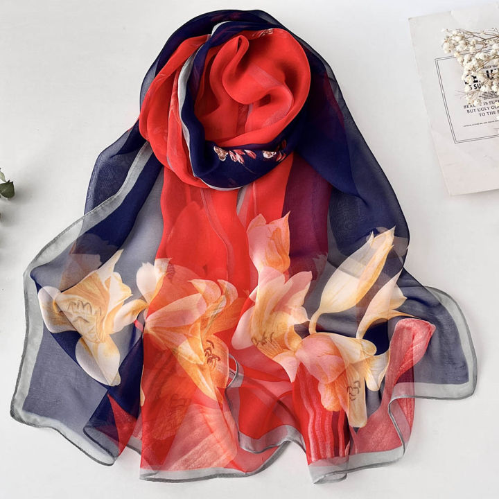 Gradient%20Lily%20Print%20Pretty%20Women%20Elegant%20Chiffon%20Georgette%20Bandana%20Scarf%20Summer%20Beach%20Sunscreen%20Thin%20Shawl%20-%20Image%203