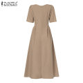 ZANZEA Korean Style Women Fashion Round Neck A-Line Dresses Holiday Party Club Solid Dress #10. 