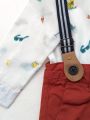Baby Boy Dress Set: White Printed Full Sleeve Shirt and Brown Pant with Dungarees. 