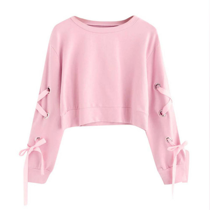 Women's Casual Lace Up Long Sleeve Pullover Crop Top Solid