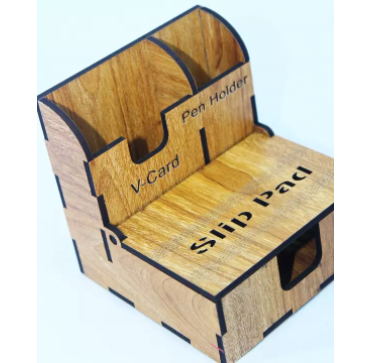 Wooden Desk Card Holder with Pen Holder