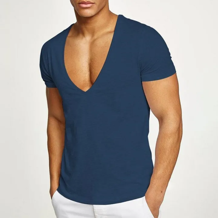 Deep%20V-Neck%20Men's%20T%20Shirt%20Low%20Cut%20Vneck%20Wide%20Vee%20Tee%20Male%20Tshirt%20Short%20Sleeve%20Causal%20Gym%20Solid%20Tops%20Invisible%20Undershirt%20-%20Image%205