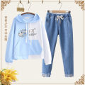 Junior High School Girls Hoodie Denim Pants Suit20Autumn College Style Girl Loose Middle School Student Leisure Suit Female. 