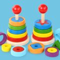 Baby Kids Wooden Rainbow Ring Geometric Building Blocks Stacking Game Puzzle Toy. 