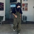 2022 Men's Retro Designer Overalls Workwear Sling Korean Loose Wide Leg Jumpsuit Streetwear Solid Color Men's Clothing.