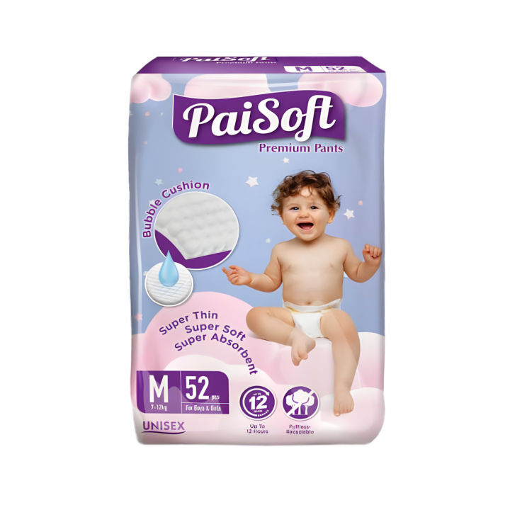 Paisoft Premium Pants Baby Diaper M52 7 to 12kg Soft Absorbent Baby Diapers Comfortable Protection for Infants