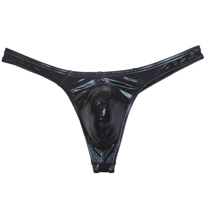 Men Oil Shiny Thong Leather Panties Like T-back Underwear Male Stretchy G-string Solid Mini Bikini Thong Bulge Pouch Pants