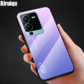 Biruiqu For VIVO V25 Pro Shockproof Gradient Tempered Glass Back Soft Silicone Edge Case Cover. 